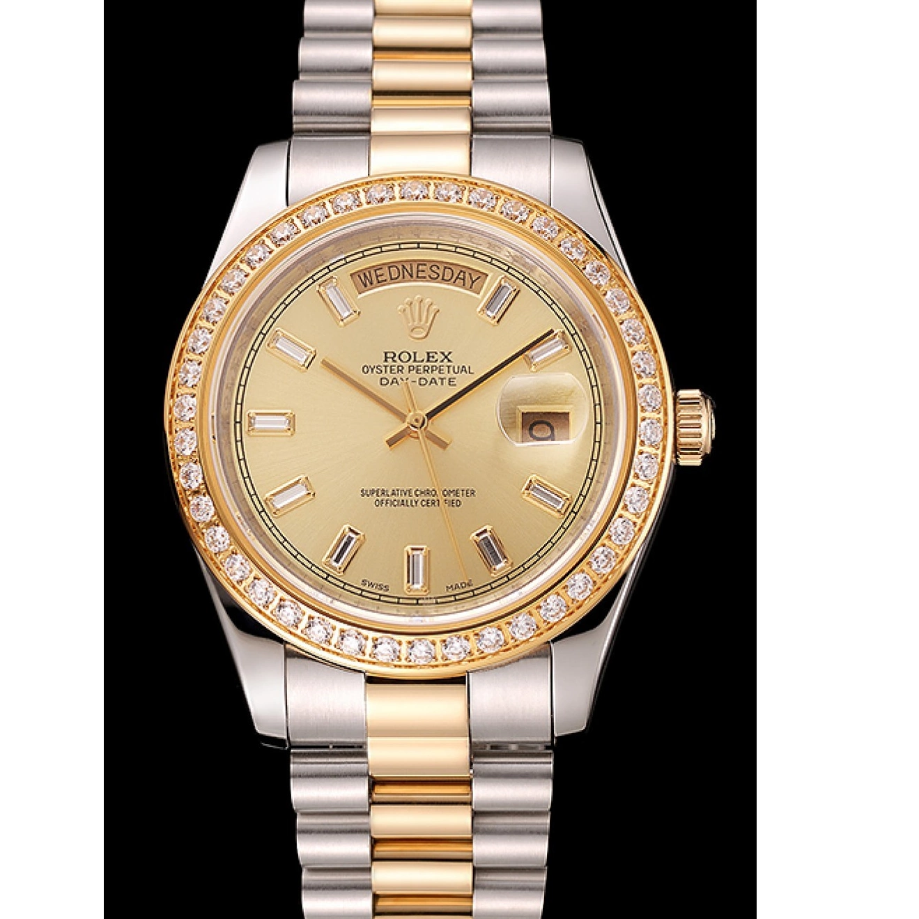 AAA replica watch Swiss Bezel Day-Date Tone Rolex 1454103 Dial Bracelet Two Diamond Champagne 0707